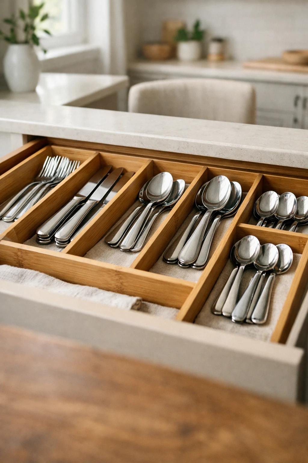 Kitchen drawer storing extra sets of flatware for guests.