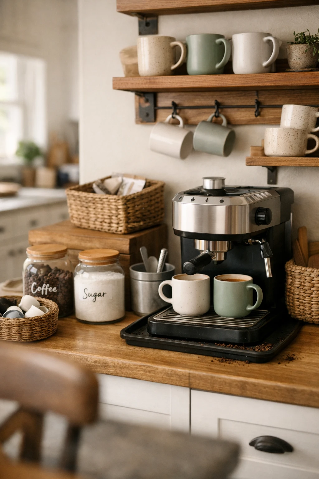 A family-friendly coffee bar with smart storage, labeled jars, and easy-access mugs in a busy kitchen.