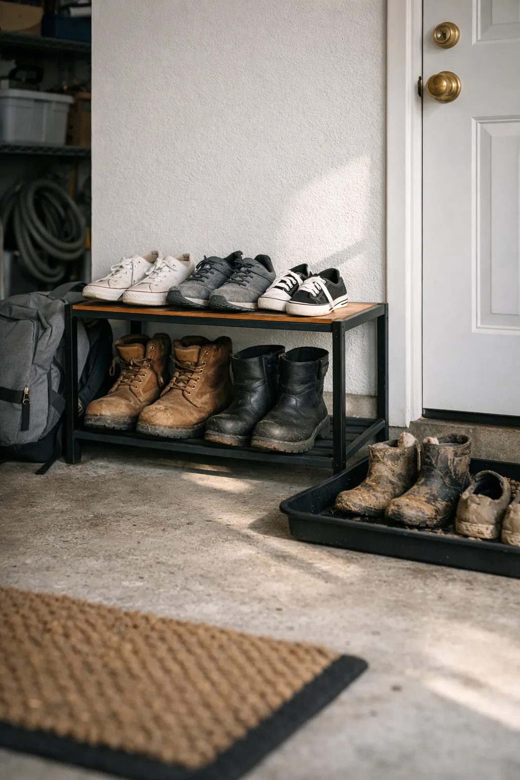 A low shoe and boot rack near a garage entry keeping everyday footwear organized.