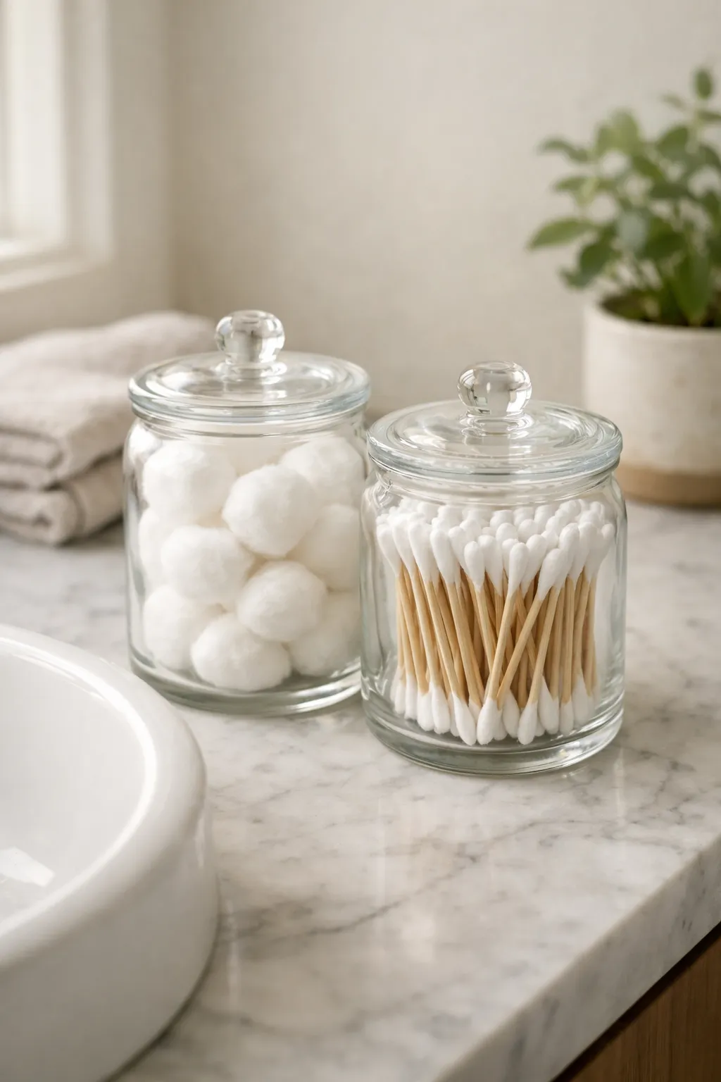 Bathroom counter with glass jars holding cotton balls and bathroom essentials.