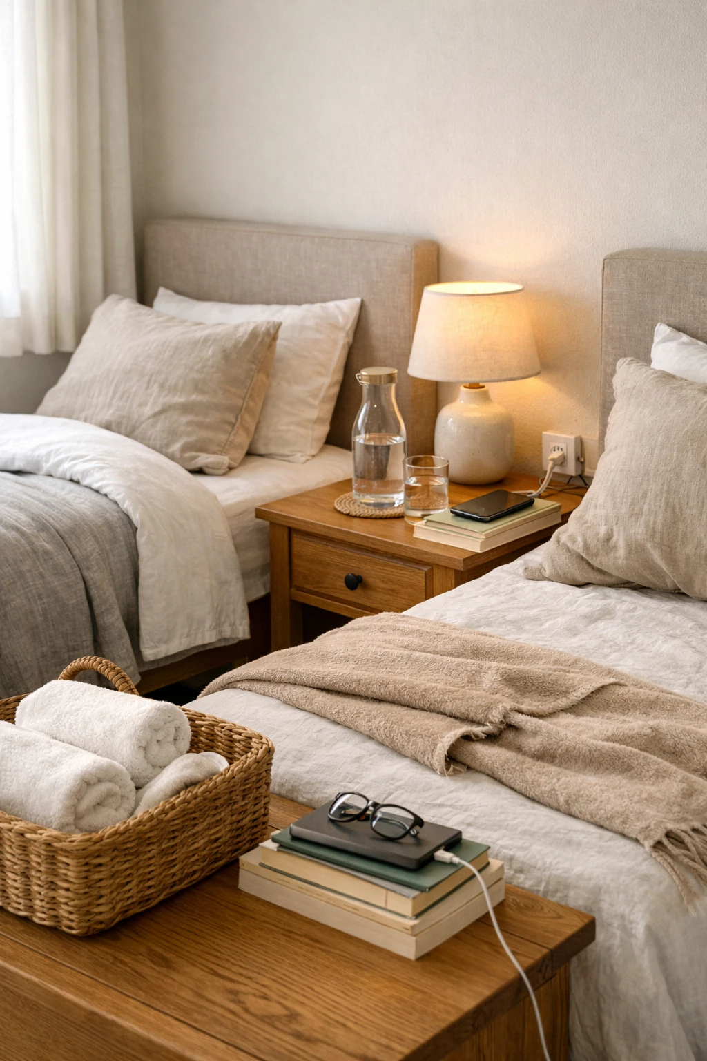 Small guest-friendly touches make this twin bed guest room feel warm, useful, and welcoming.
