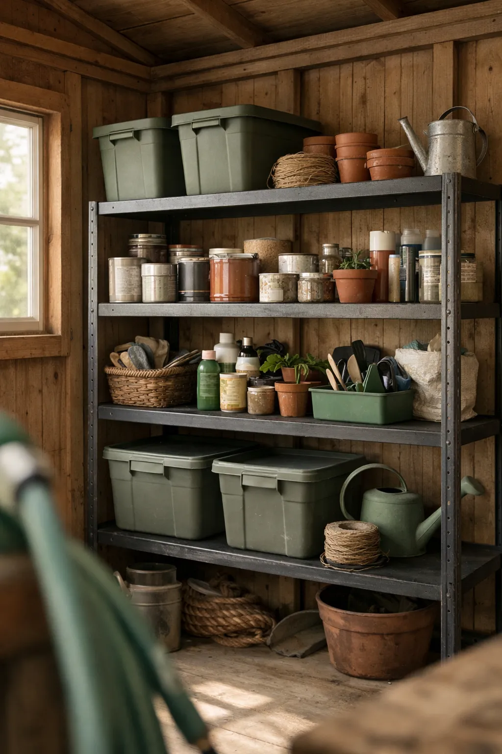 Sturdy metal shelving unit holding organized shed supplies.