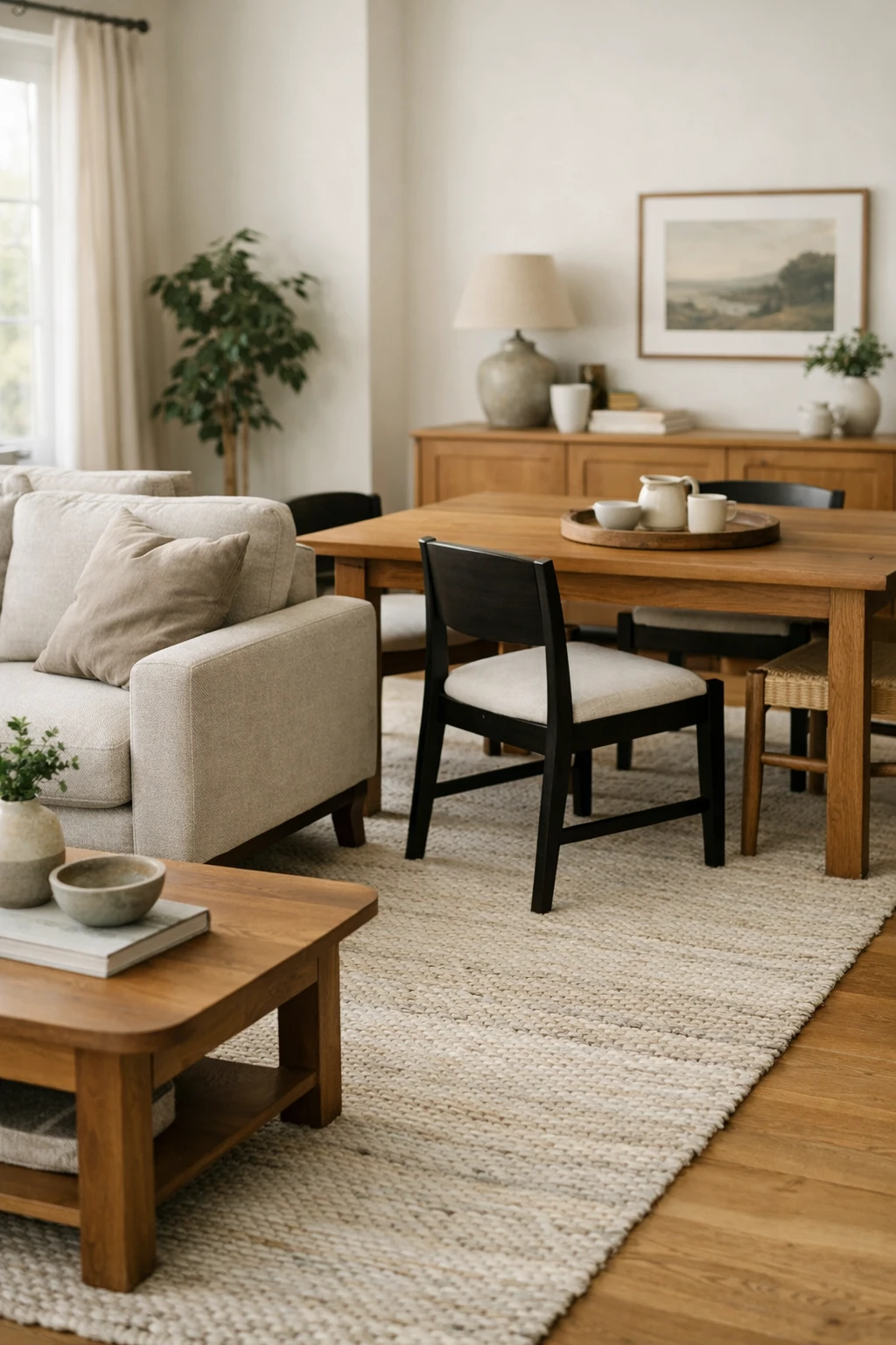 A shared living and dining room with furniture that feels balanced in size and visual weight.