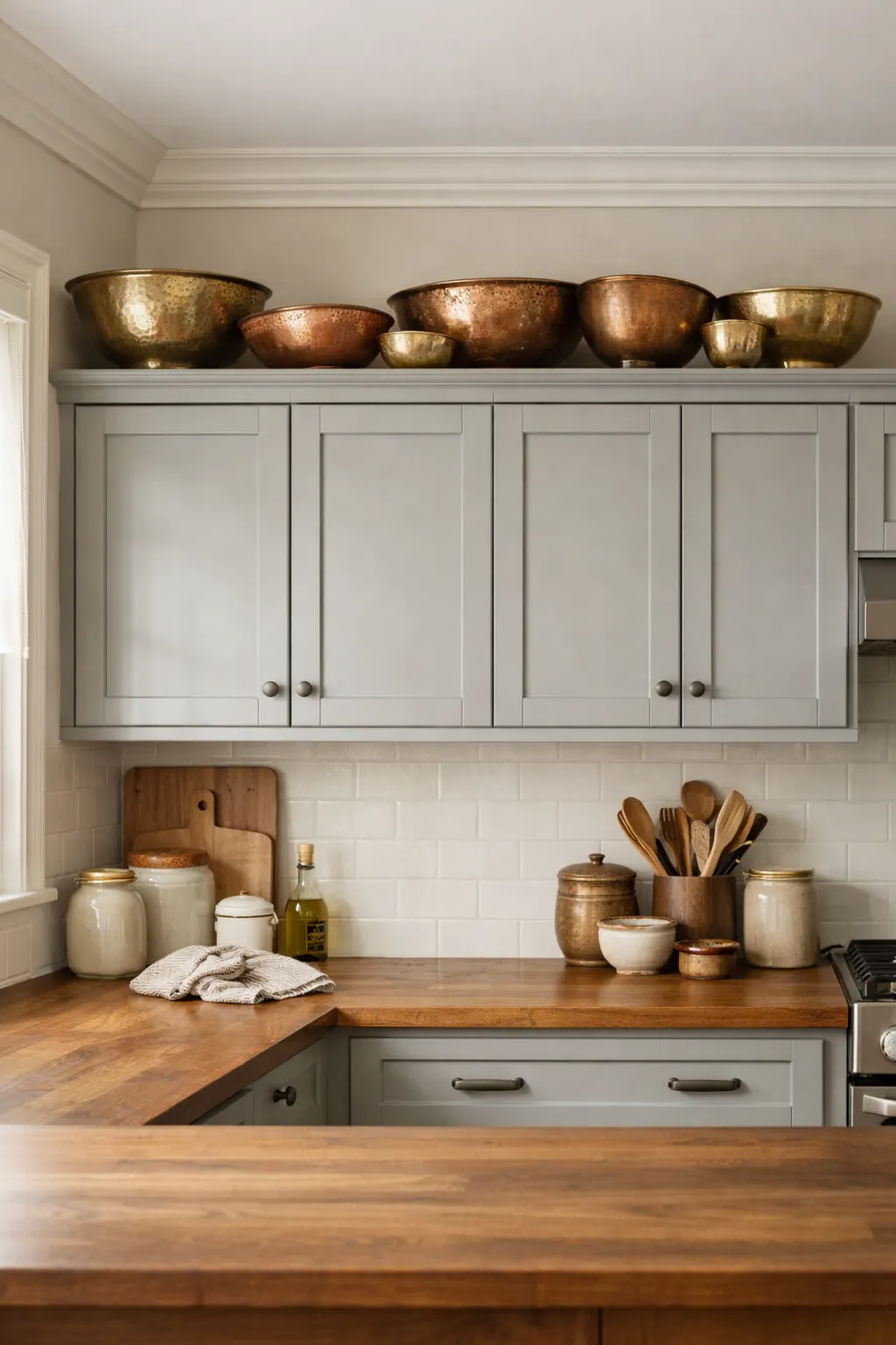 Copper and brass decorative bowls styled above kitchen cabinets.