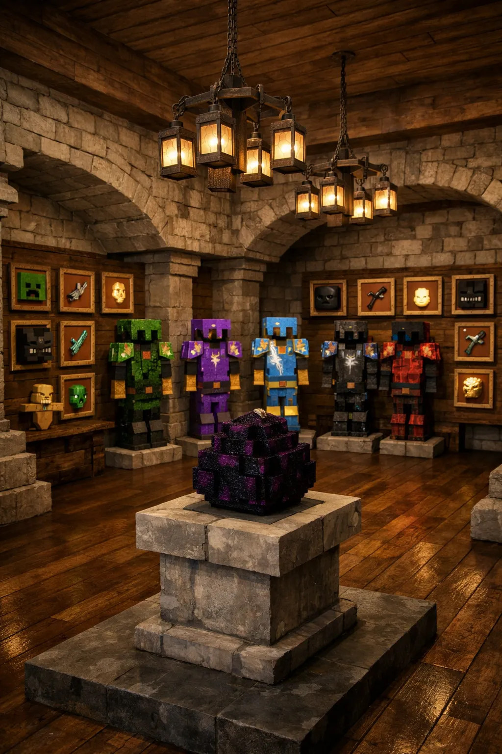 Minecraft trophy basement displaying rare items and mob heads