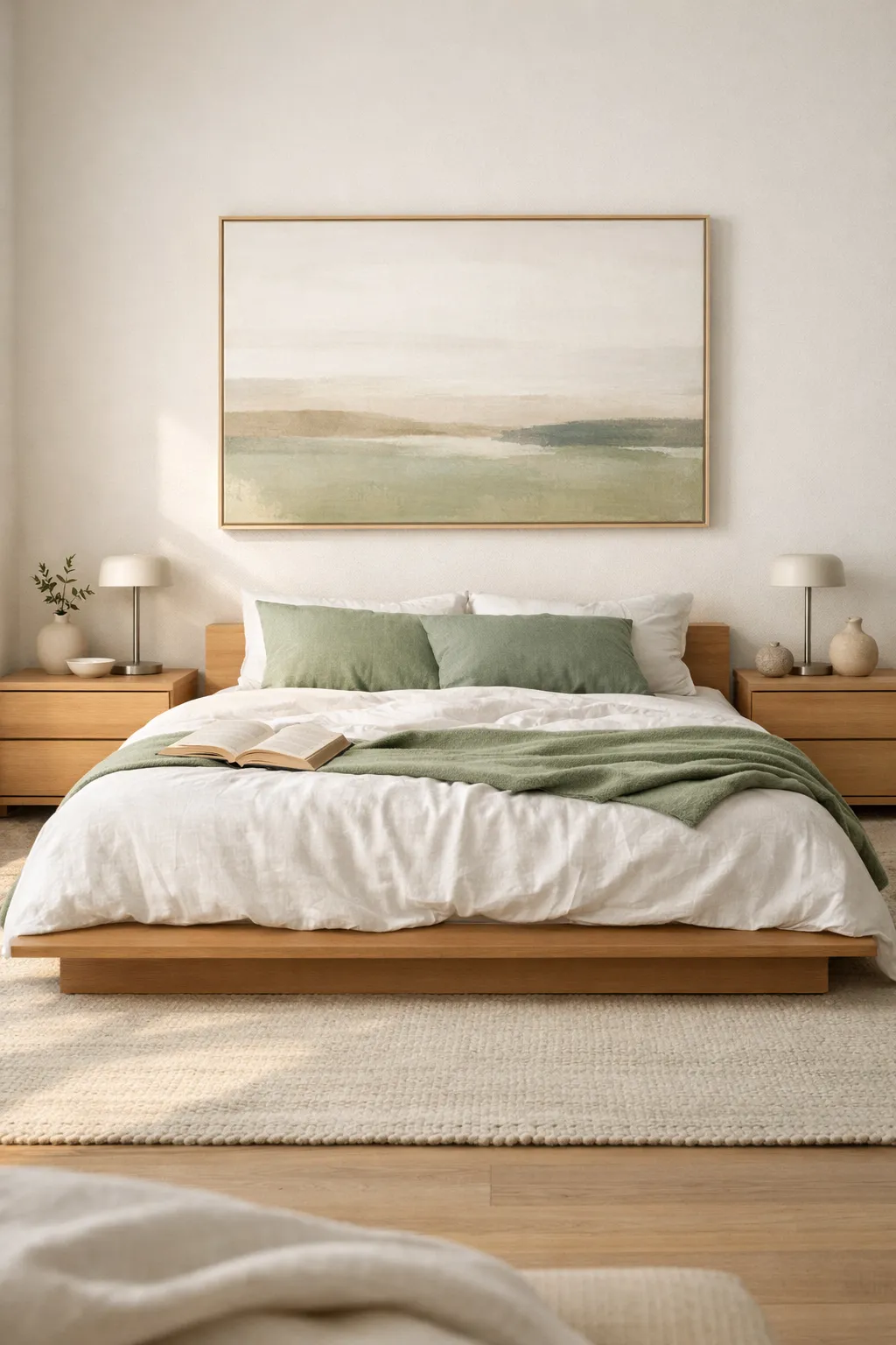 A modern bedroom with sage green accents, clean lines, and minimal decor in natural light.