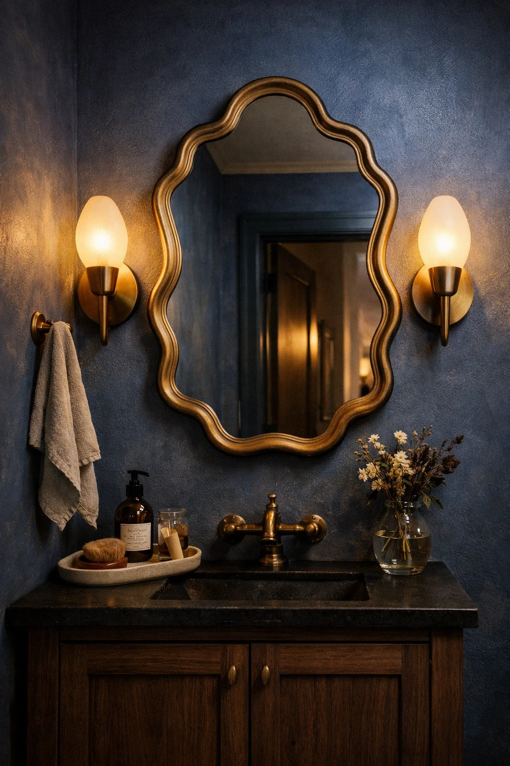 A moody blue powder room with dramatic color, statement lighting, and compact elegant styling.