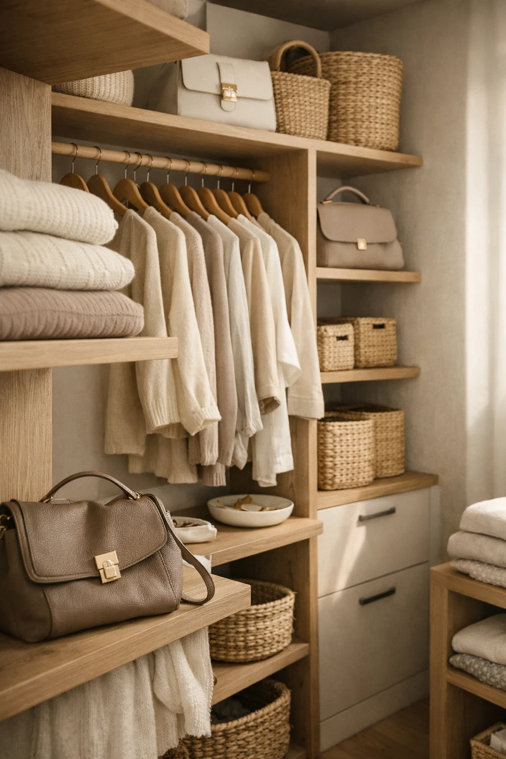 A small walk-in corner closet styled with neutral tones, shelves, and boutique-style organization.