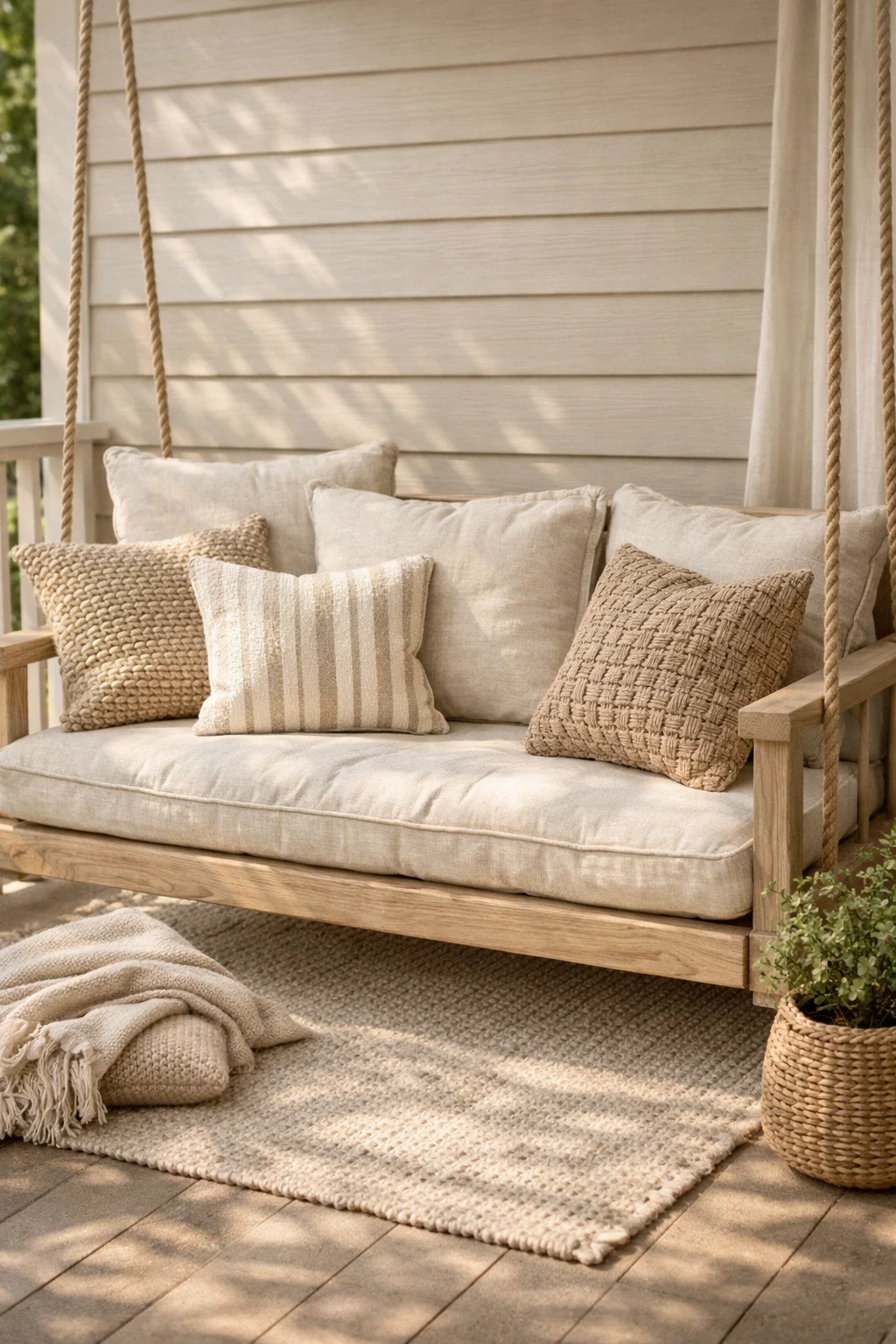 A neutral layered porch swing with textured cushions, soft fabrics, and calm organic styling.