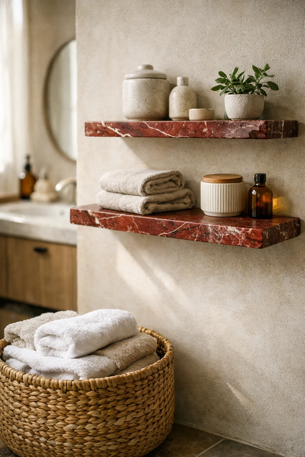 Bathroom wall with floating shelves made from thin red marble slabs.