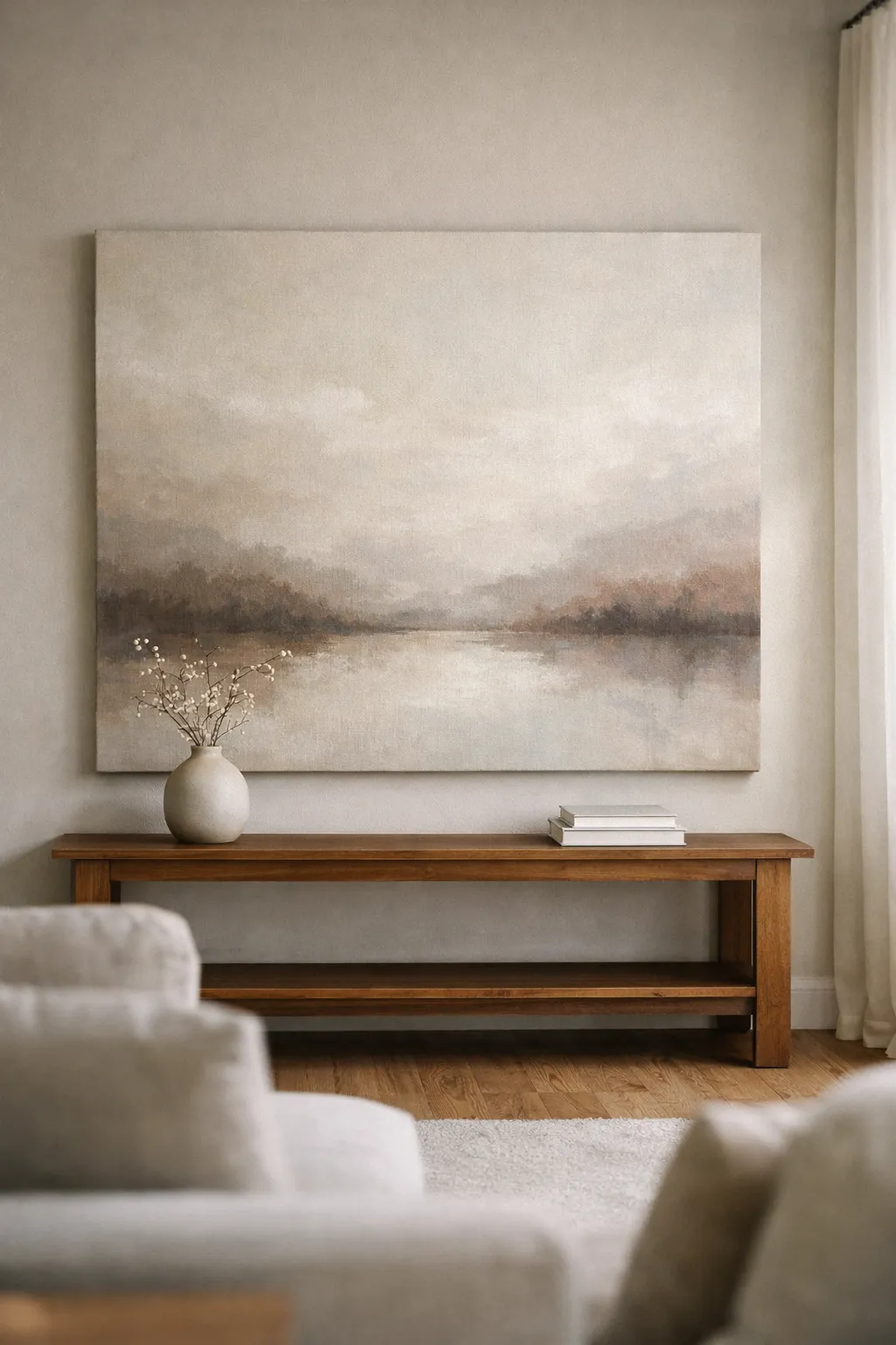 Modern console table styled beneath oversized statement artwork with minimal decor.