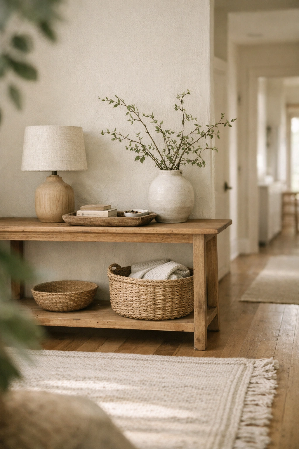 A neutral home entrance styled with wood, linen, ceramic, and woven textures.