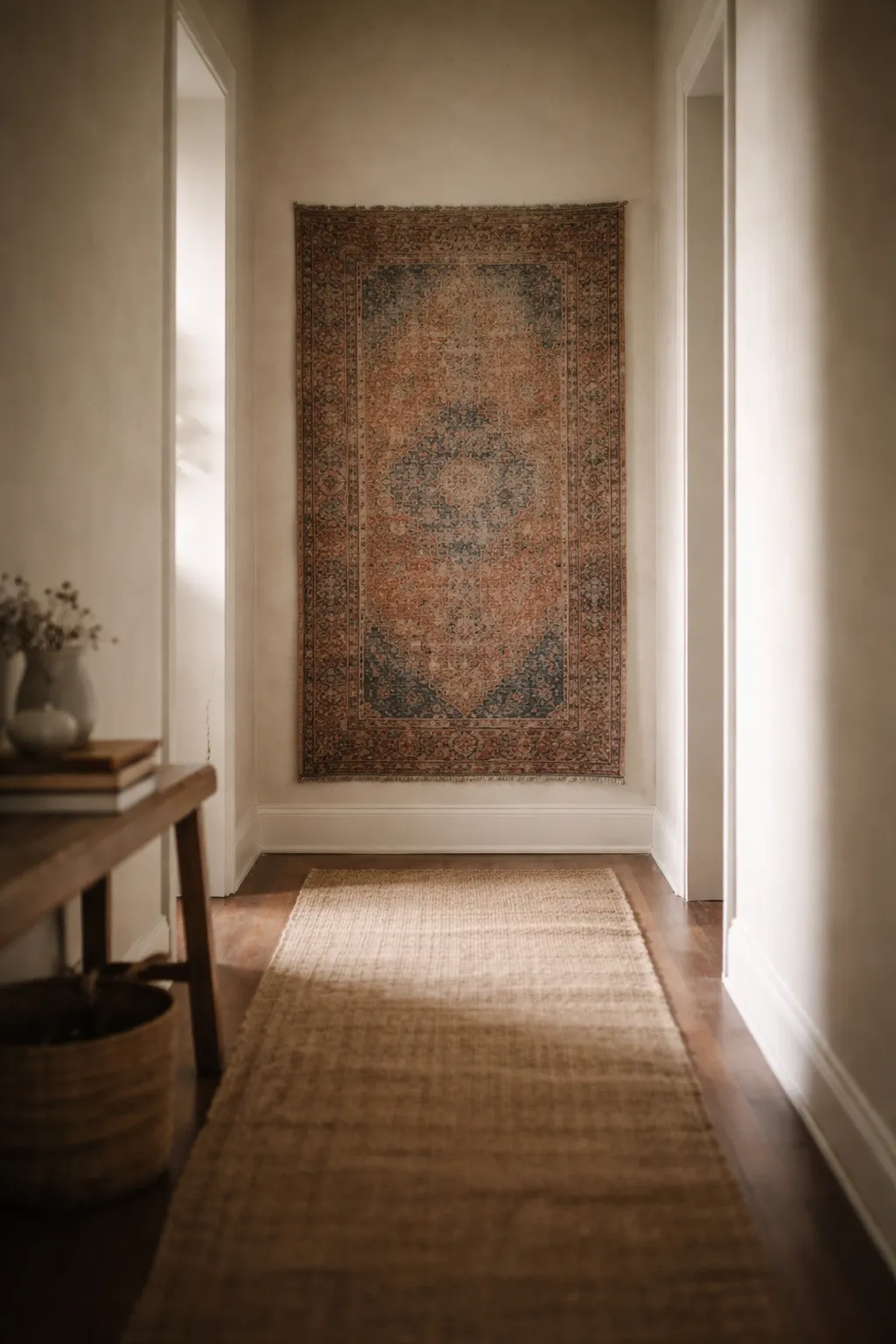 Narrow vintage rug hung vertically at end of bohemian hallway.