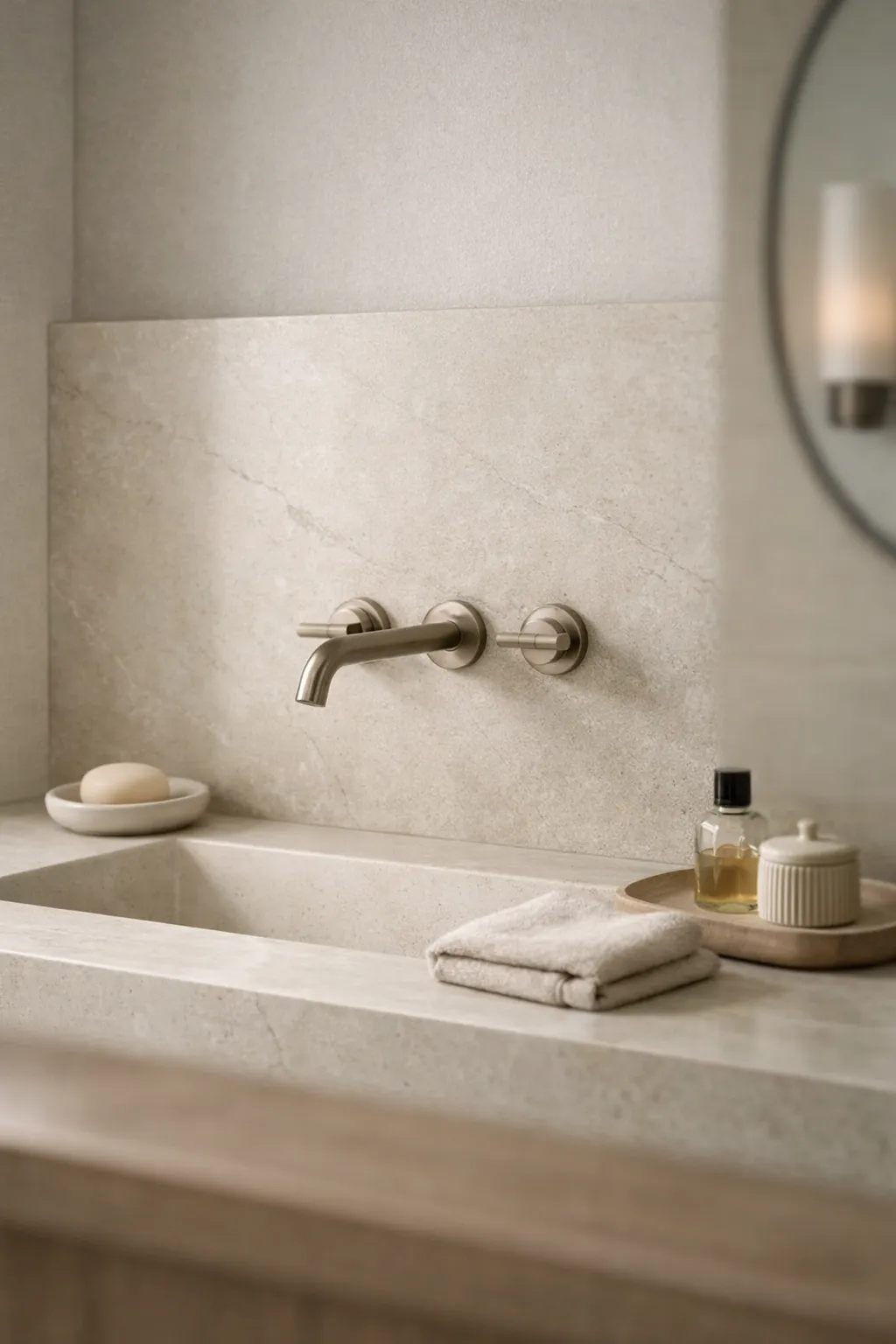 A modern bathroom with a wall-mounted faucet and pale stone backsplash.