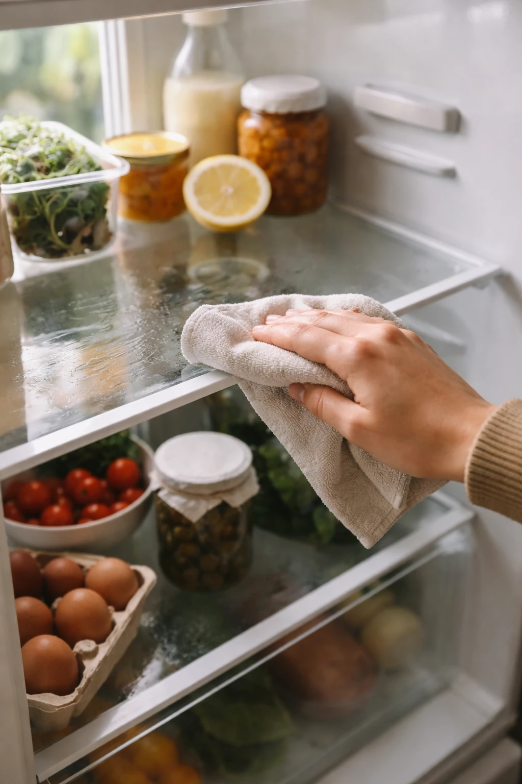 Refrigerator being wiped clean during weekly reset