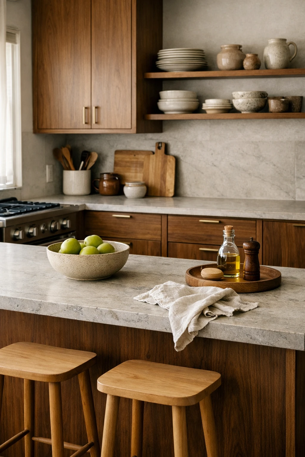 Mid century kitchen combining walnut cabinets with natural stone countertop