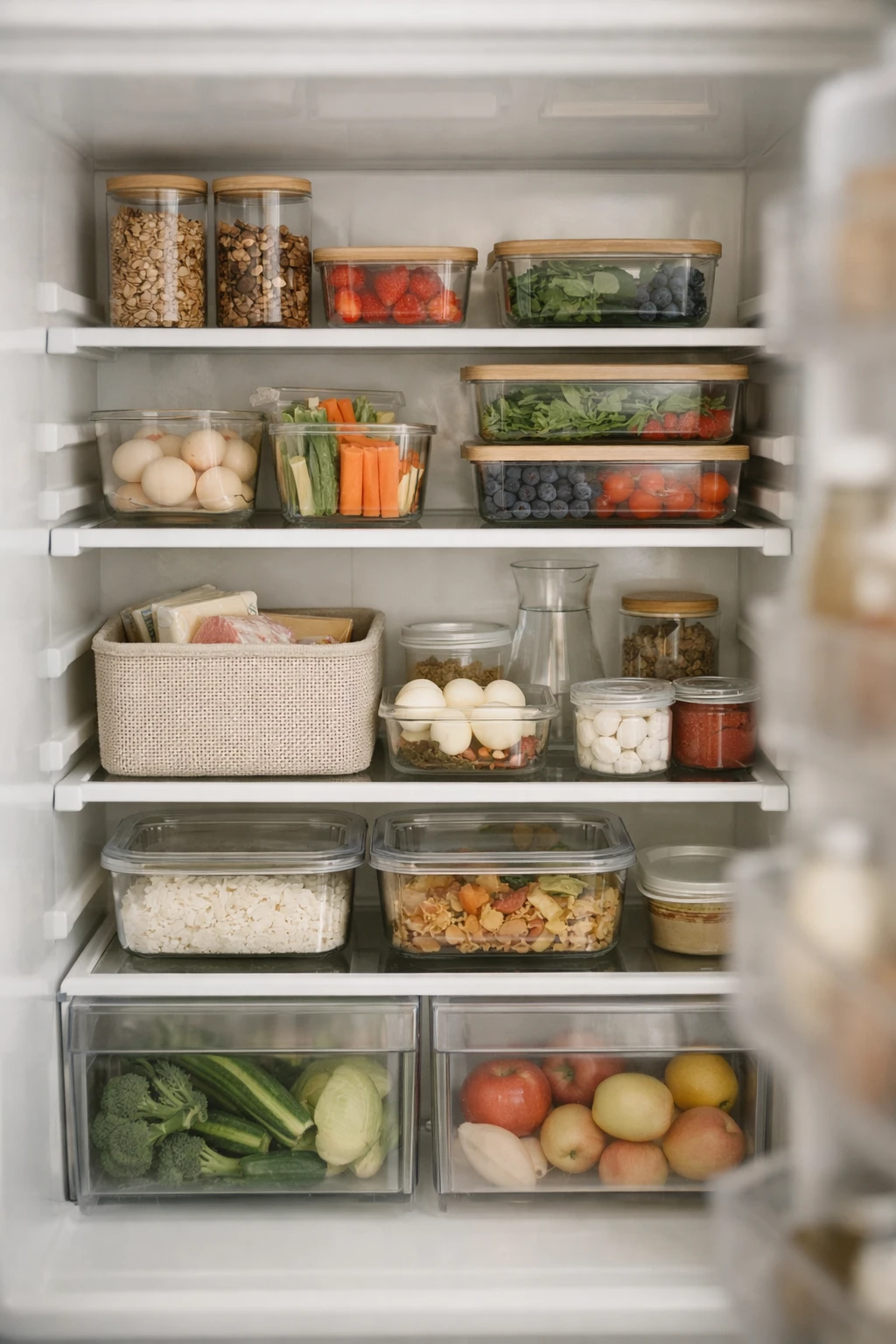 Clean organized refrigerator with cohesive containers and neutral