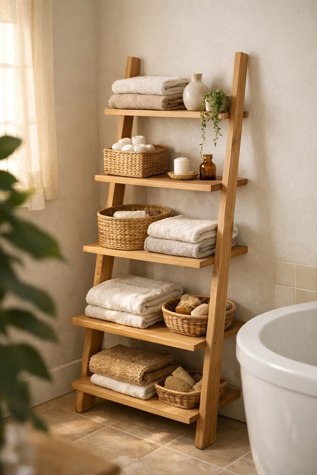Leaning ladder shelf in a small bathroom storing towels baskets and decor.