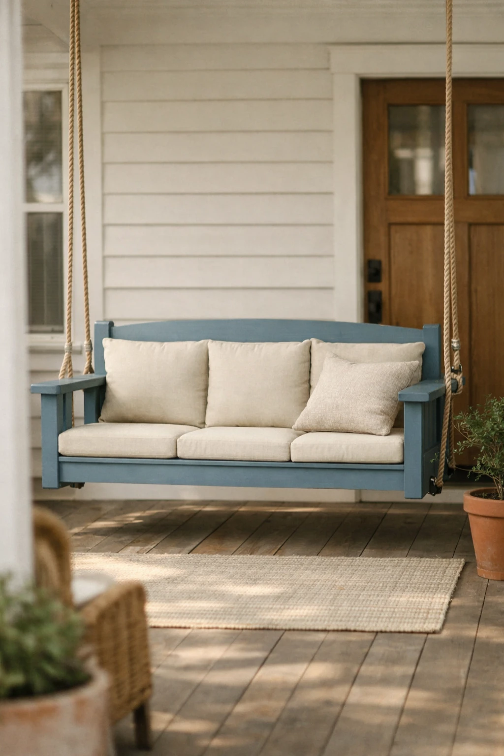 A bold painted porch swing in a rich muted color with simple neutral styling around it.