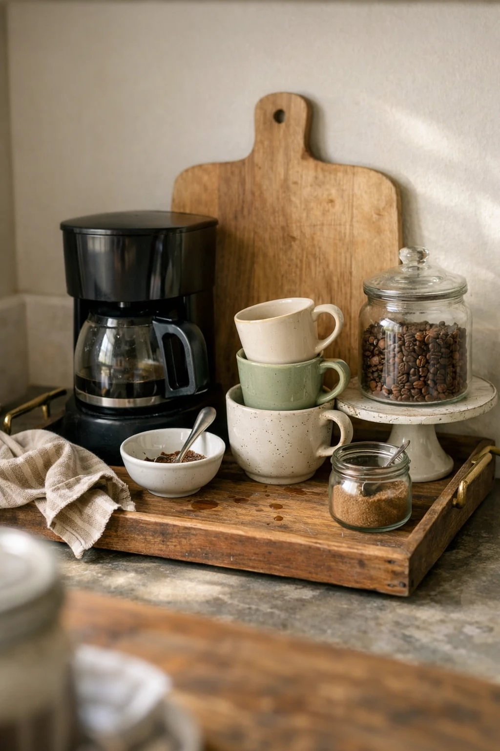 A budget-friendly coffee bar styled with simple trays, thrifted decor, and practical everyday items.