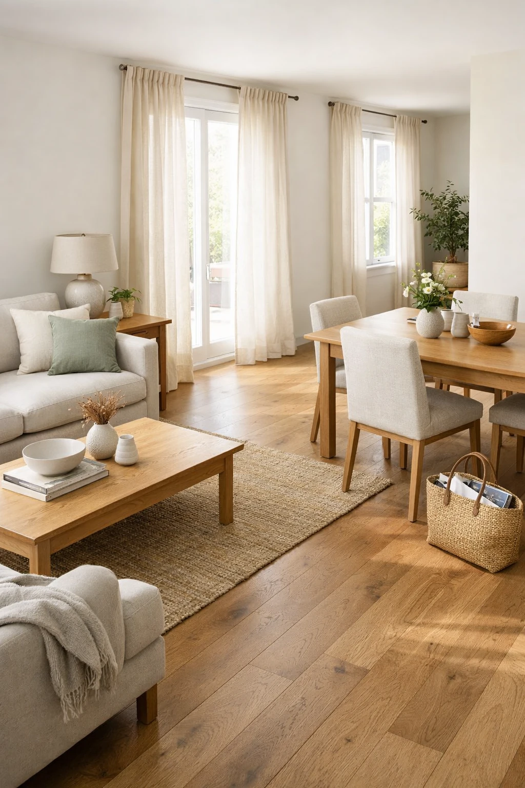 A bright living-dining combo with open walkways and practical furniture spacing.