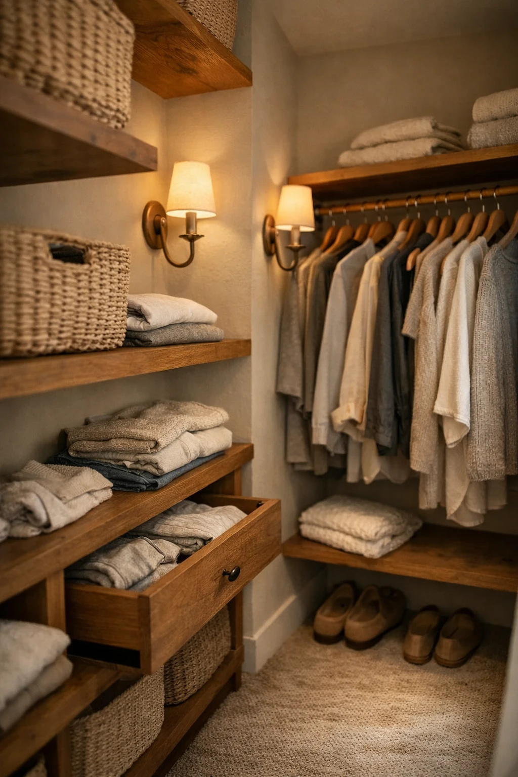A small walk-in corner closet illuminated with warm wall sconces and organized shelving.