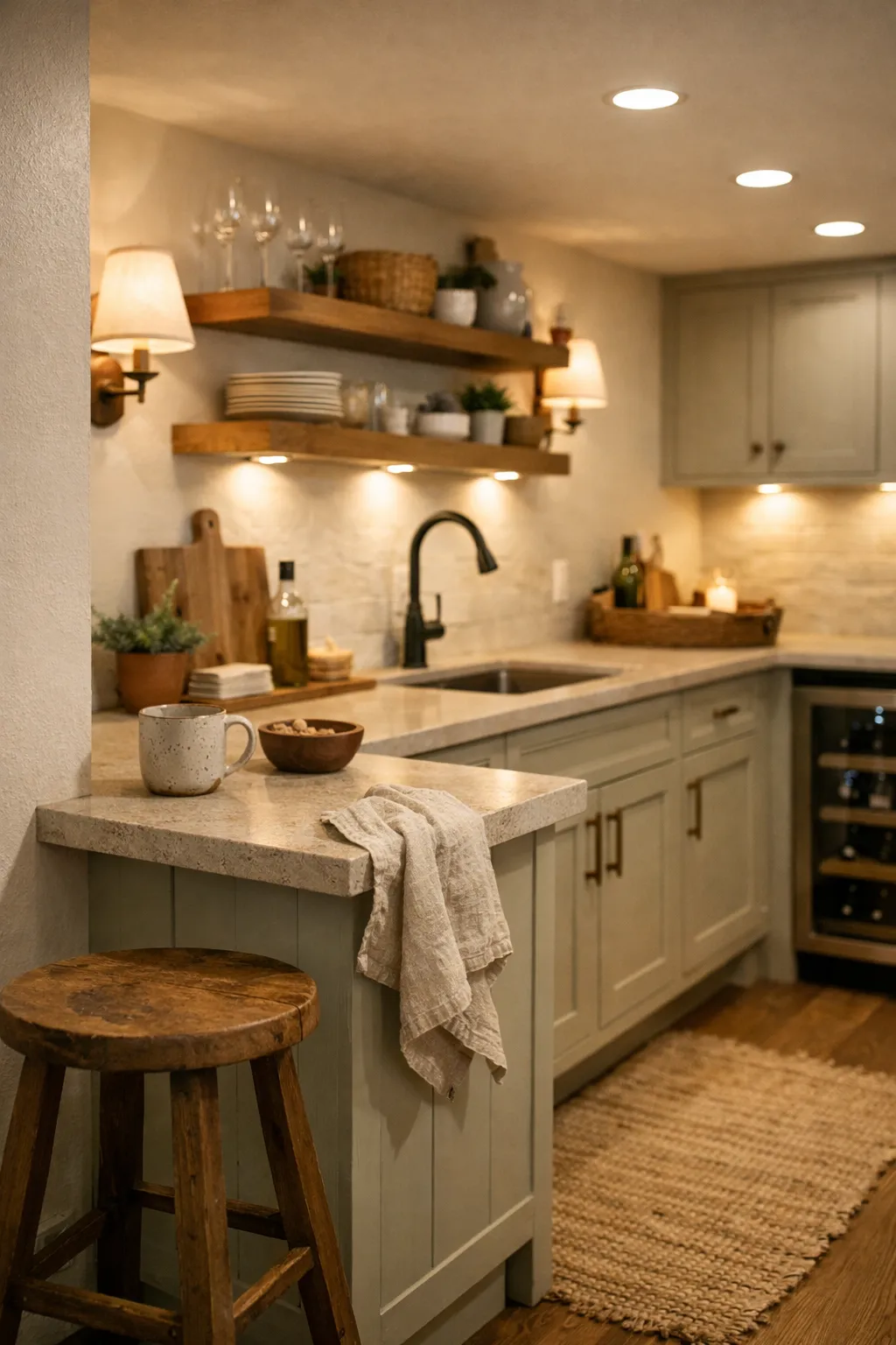 A cozy basement kitchenette with warm layered lighting, soft finishes, and a welcoming feel.