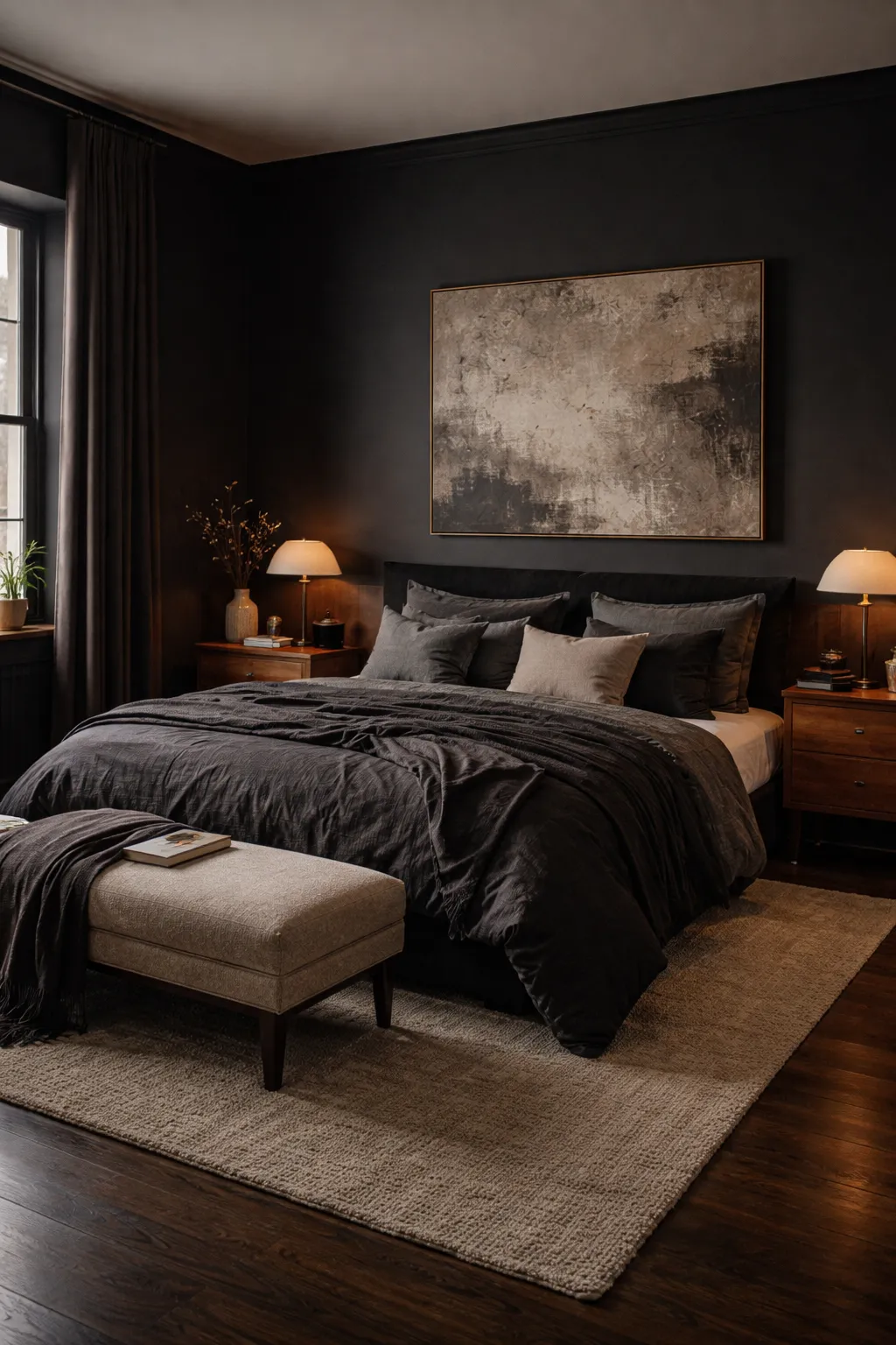 A cozy black bedroom with layered lighting, mixed textures, and an elevated moody atmosphere.