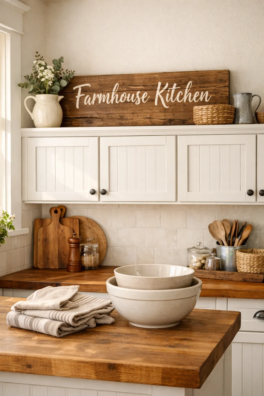Rustic wooden kitchen sign displayed above cabinets.