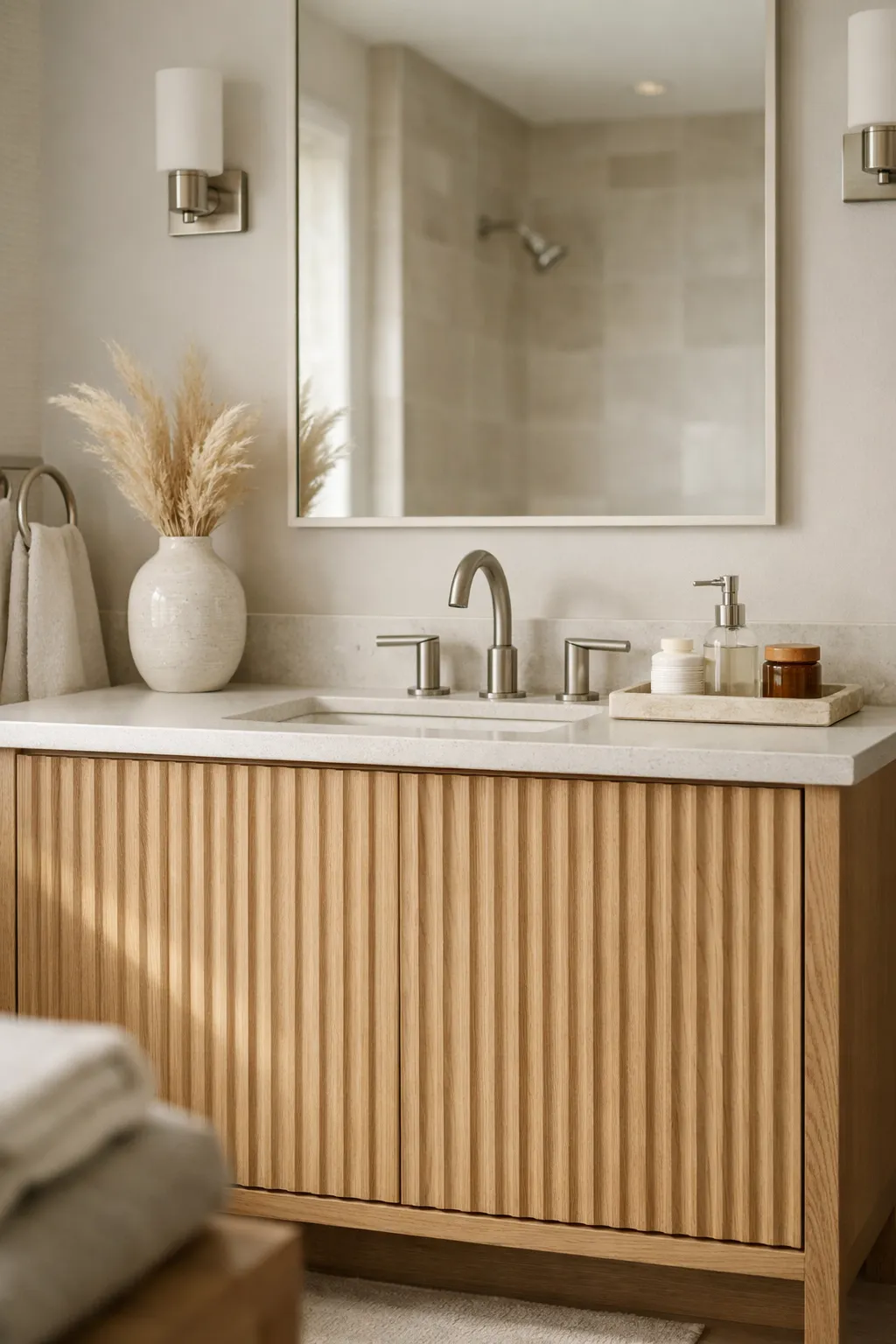 A modern neutral bathroom with a fluted vanity and soft layered textures.