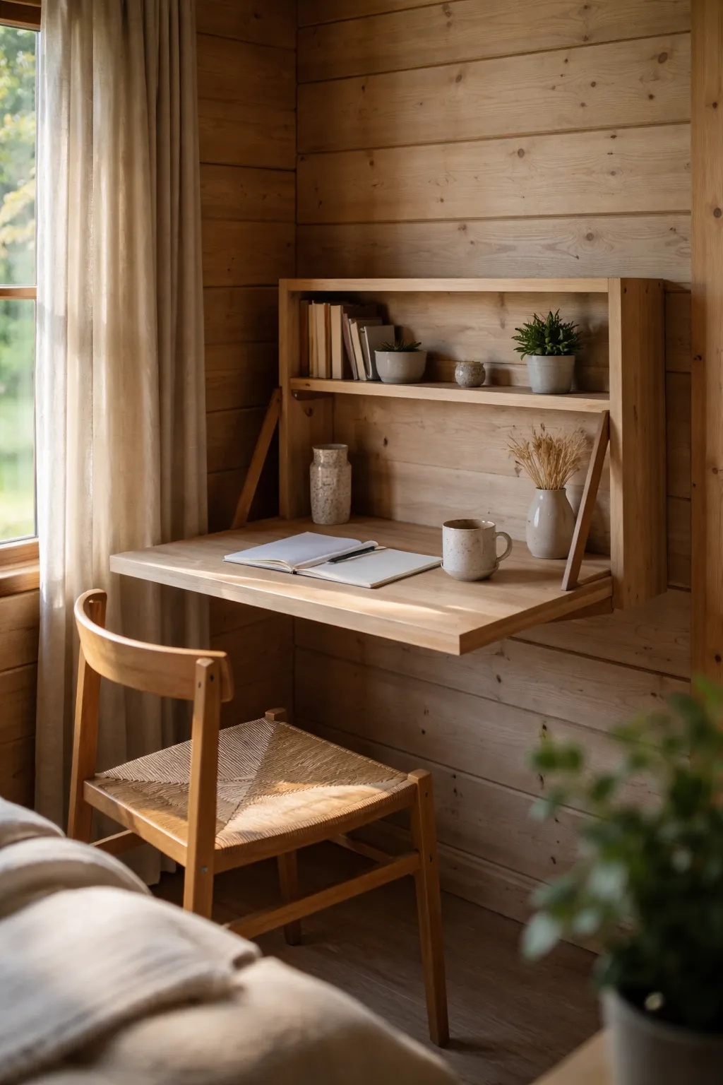 Small cabin wall-mounted fold-down desk for compact workspace