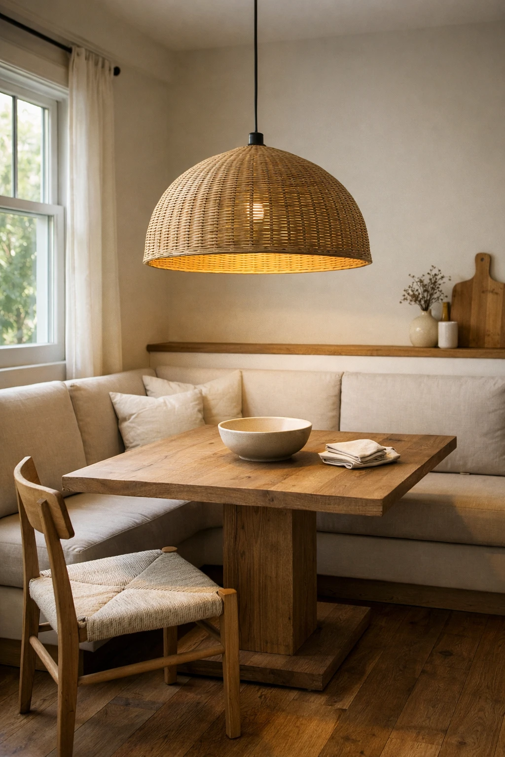 A kitchen banquette under an oversized pendant light with warm layered lighting and neutral styling.