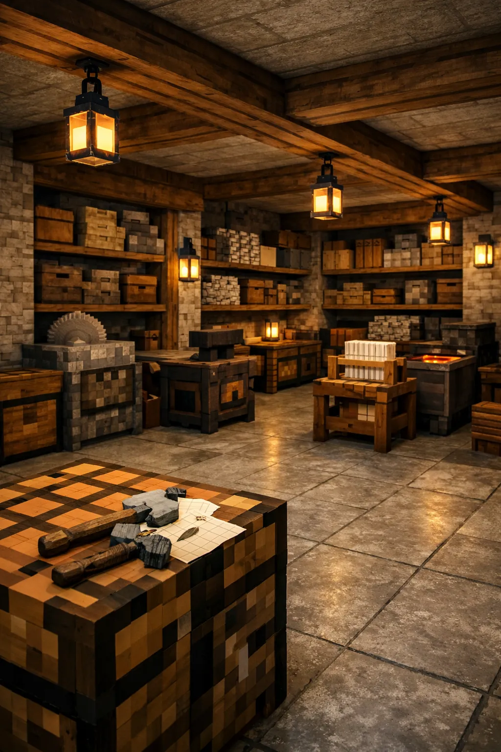 underground Minecraft workshop with crafting stations and tools