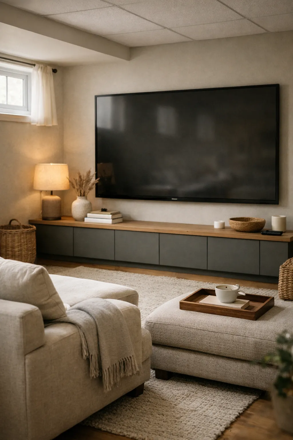 A modern basement theater with a low-profile media console and warm neutral styling.