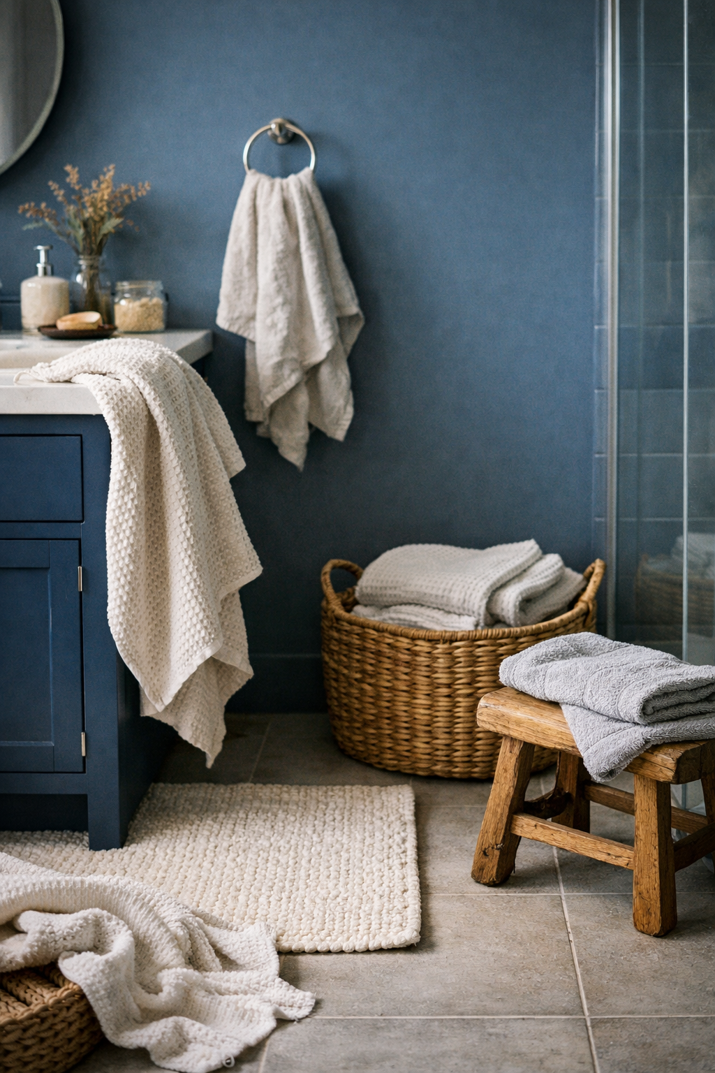 A moody blue bathroom styled with soft towels, woven textures, and a cozy layered look.