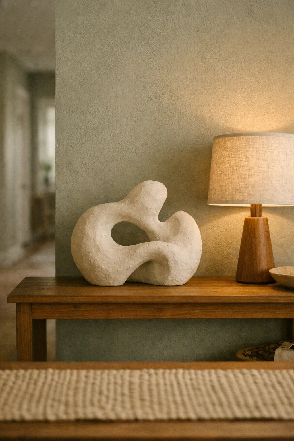 Handmade clay sculpture styled on wooden console in bohemian hallway.