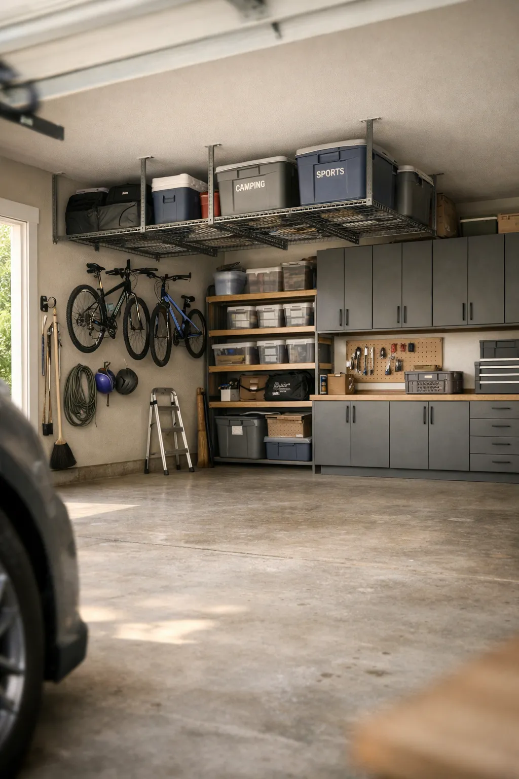 An organized garage with wall storage and a clear open floor area for movement and parking.