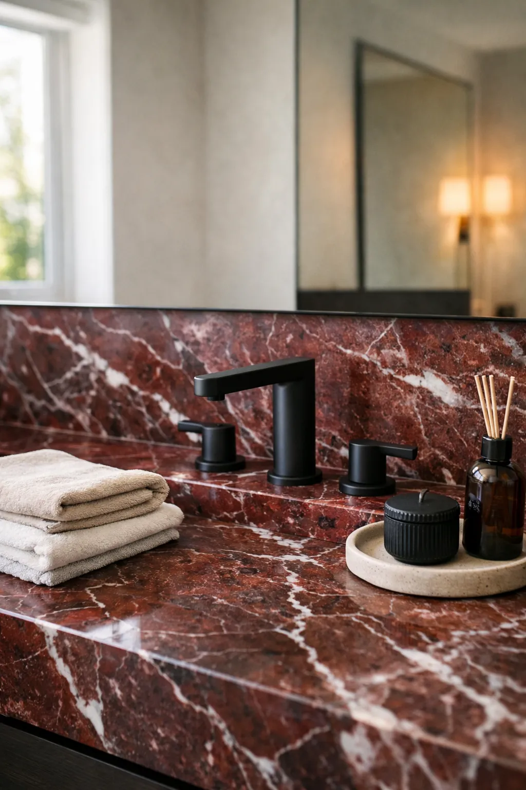Bathroom featuring red marble surfaces paired with matte black fixtures.