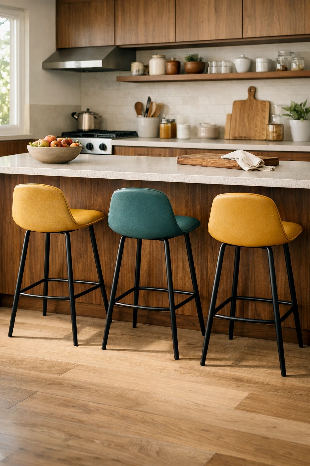 Mid century kitchen with colorful retro bar stools at the island