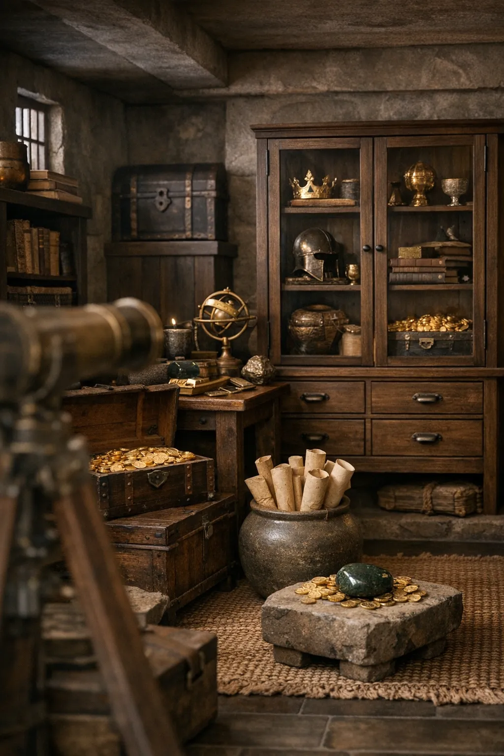 A dramatic Animal Crossing basement treasure room with rare decor, rich tones, and hidden-vault styling.