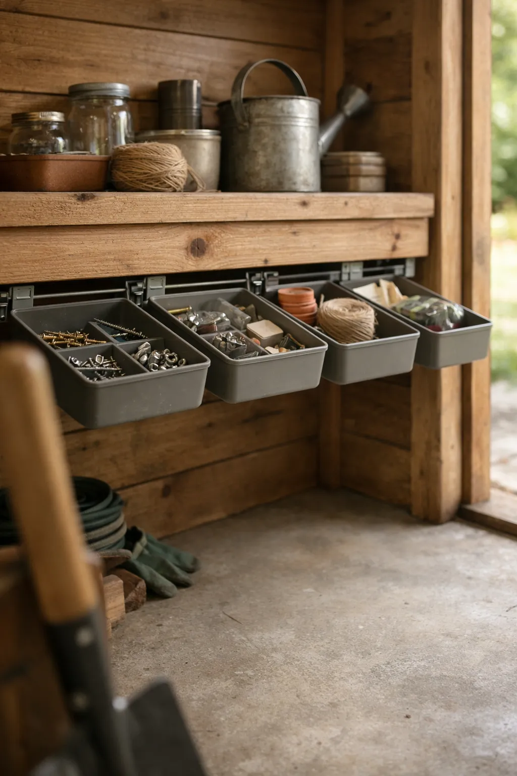 Shallow sliding bins installed under shed shelving for small items.