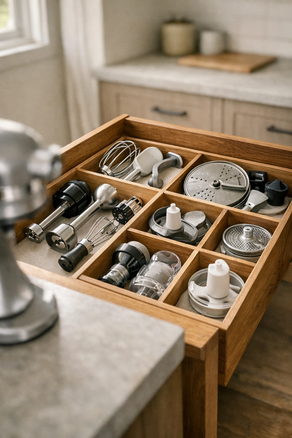 Kitchen drawer storing mixer and blender attachments neatly organized.Kitchen drawer storing mixer and blender attachments neatly organized.