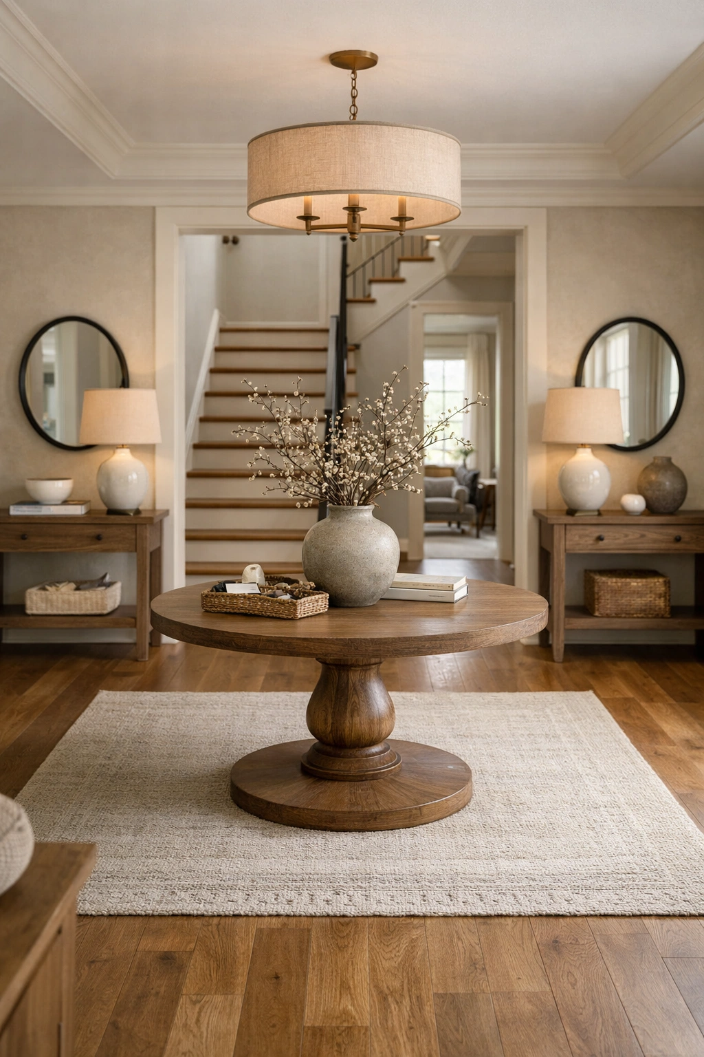 A large foyer with a centered table and balanced decor on both sides.