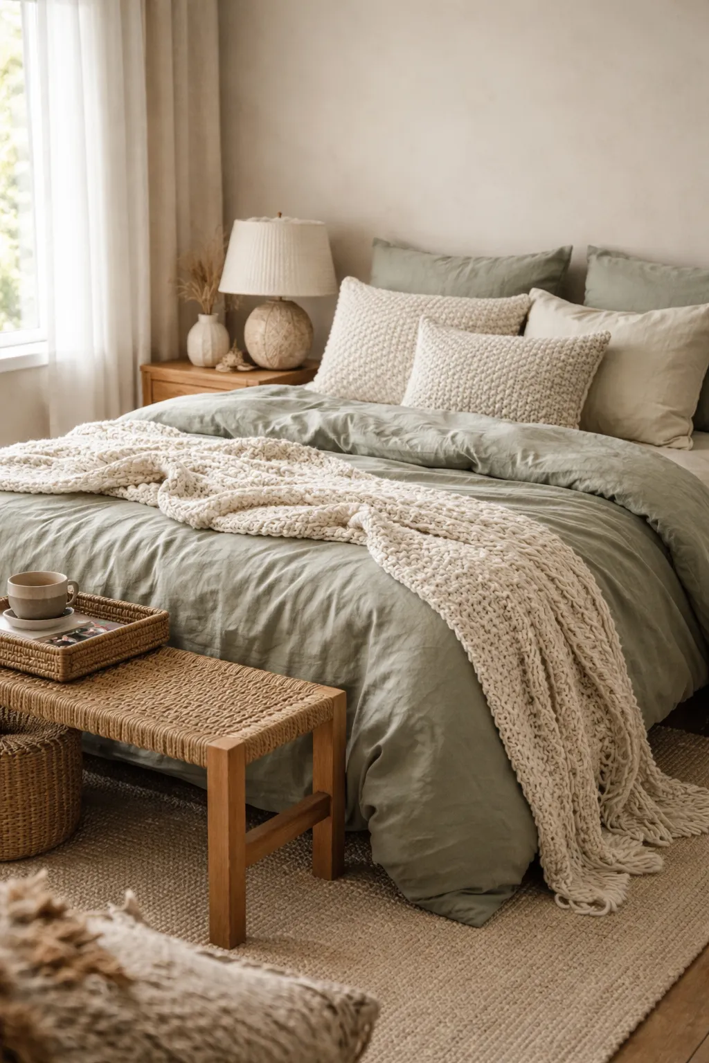 A sage green bedroom layered with knit throws, woven accents, and soft neutral bedding.