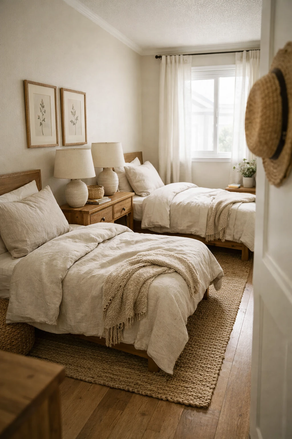 Twin beds placed along one wall help a narrow guest room feel open and functional.