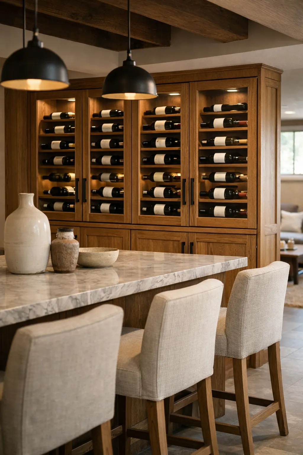 Vintage inspired wine cellar with antique racks and warm lighting.