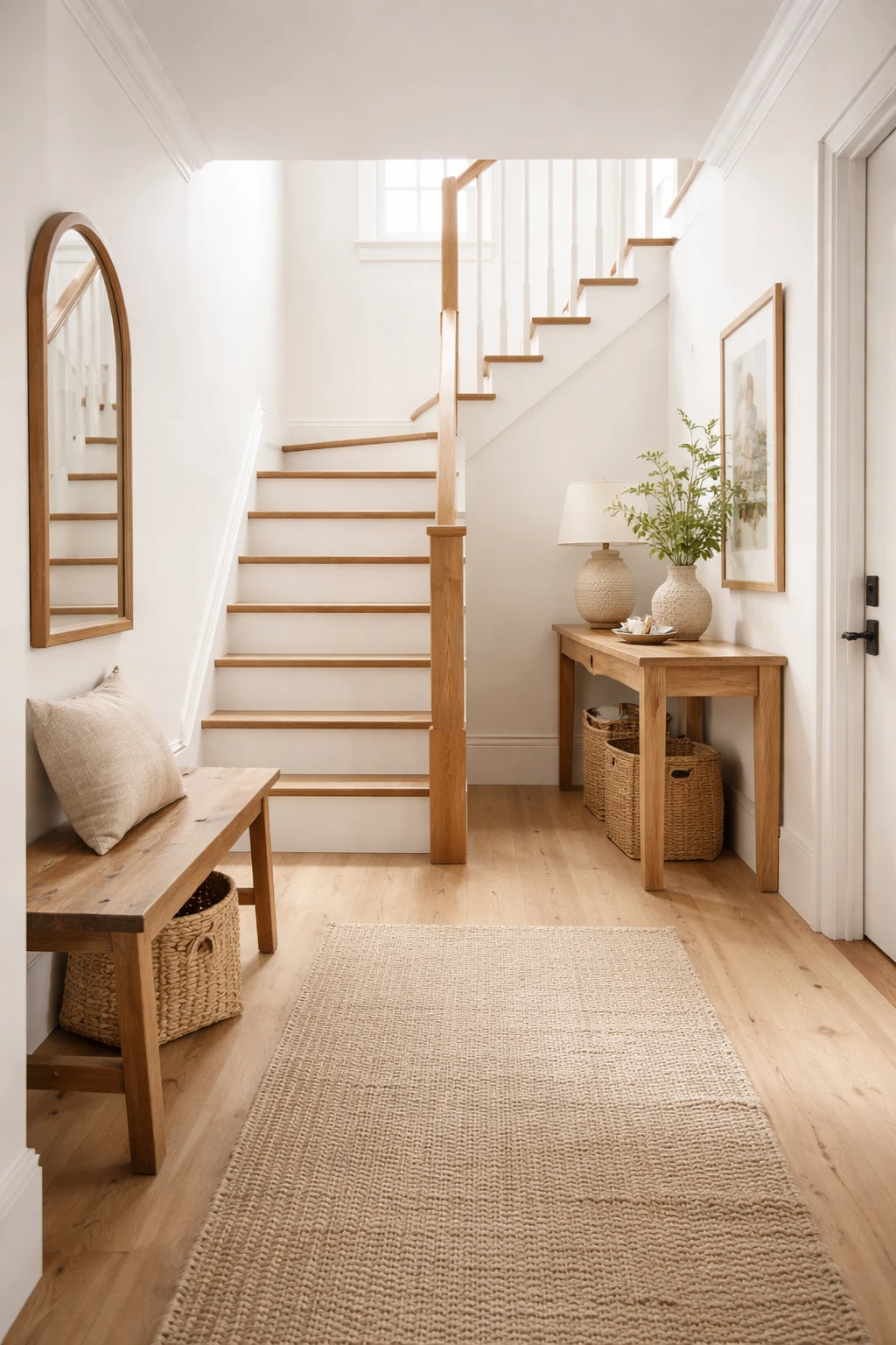 A light narrow entryway with stairs and warm wood accents for balance.