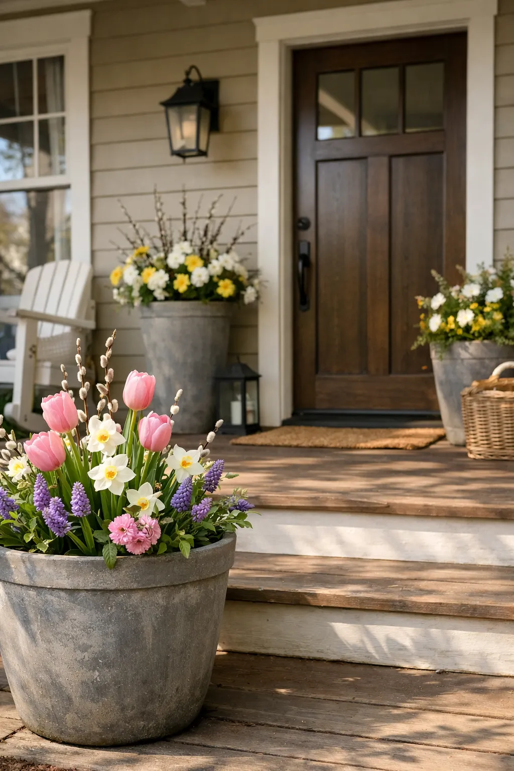 A front porch styled with seasonal flowers shows an approach for year-round curb appeal.