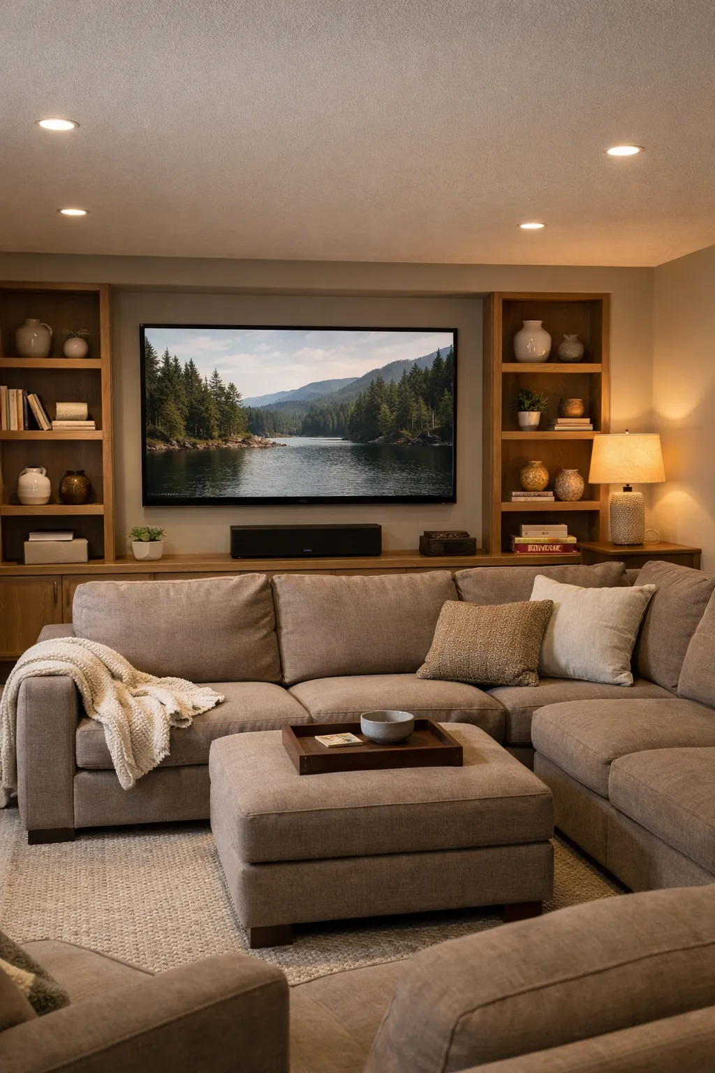 A basement movie room with a large sectional sofa facing a built-in media wall.