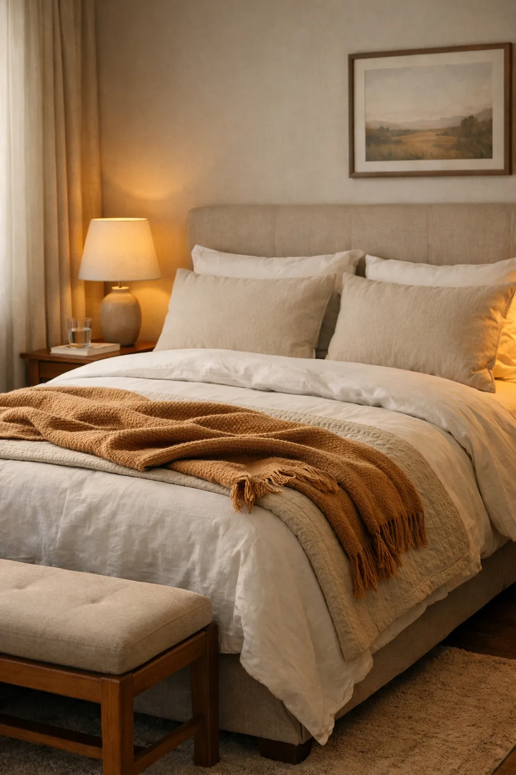 A cozy guest bedroom bed with layered white and cream bedding, soft pillows, and a textured throw blanket.